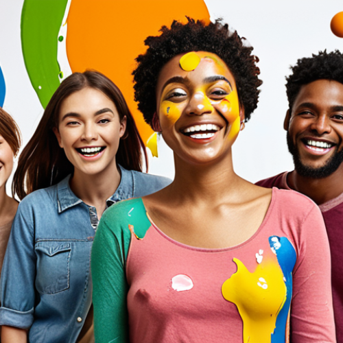 **

Prompt: *A vibrant advertisement featuring assorted colored paints splattered creatively around a modern logo. The logo subtly promotes sustainability and ethical consumerism with earthy tones. A diverse group of happy consumers smiles in the background, admiring the design. Focus on eye-catching colors and an overall sense of positive consumer engagement.*

**