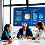 A diverse team of professional brand marketers, fully clothed in modest business attire, are engaged in an enthusiastic brainstorming session in a sleek, modern collaborative workspace. They are gathered around a large digital display showcasing brand strategy concepts, with one team member gesturing towards a dynamic chart. The atmosphere is vibrant and focused on innovation and strategic impact. The background reveals a blurred city skyline through large windows. This image features perfect anatomy, correct proportions, well-formed hands, proper finger count, natural body proportions, and natural poses. It is safe for work, appropriate content, and family-friendly, depicting professional collaboration.
