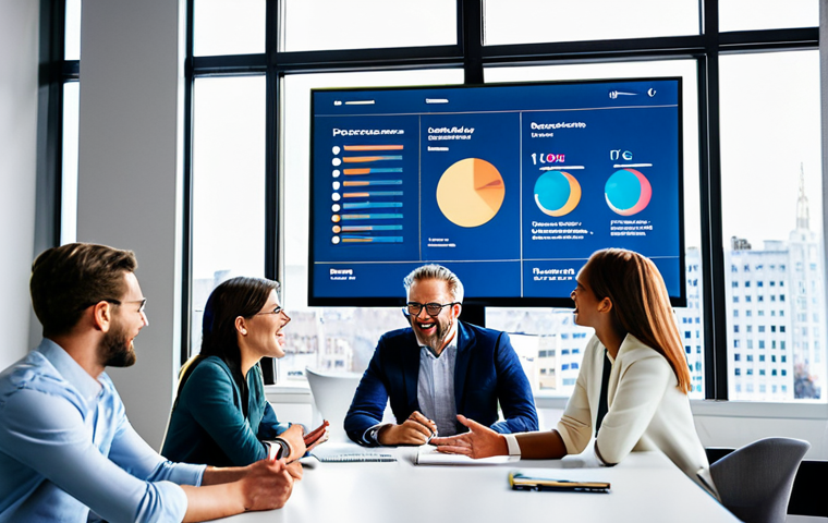 A diverse team of professional brand marketers, fully clothed in modest business attire, are engaged in an enthusiastic brainstorming session in a sleek, modern collaborative workspace. They are gathered around a large digital display showcasing brand strategy concepts, with one team member gesturing towards a dynamic chart. The atmosphere is vibrant and focused on innovation and strategic impact. The background reveals a blurred city skyline through large windows. This image features perfect anatomy, correct proportions, well-formed hands, proper finger count, natural body proportions, and natural poses. It is safe for work, appropriate content, and family-friendly, depicting professional collaboration.