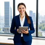 **

A professional businesswoman in a modest, dark blue business suit, standing confidently in a modern office with large windows overlooking a cityscape. The office is bright and airy, with minimalist decor and potted plants. She is holding a tablet and smiling slightly. Fully clothed, appropriate attire, safe for work, perfect anatomy, natural proportions, professional photography, high quality, family-friendly.

**