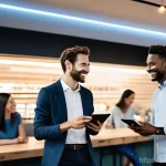 Home 5 브랜드 마케팅과 빅데이터 활용법 - **Prompt:** A diverse group of smiling customers, including young adults and middle-aged individuals...