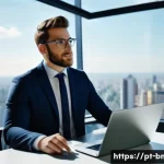 Home 13 브랜드 마케터 자기소개서 작성법 - A professional marketing specialist in a modern office environment, engaging in a dynamic presentati...