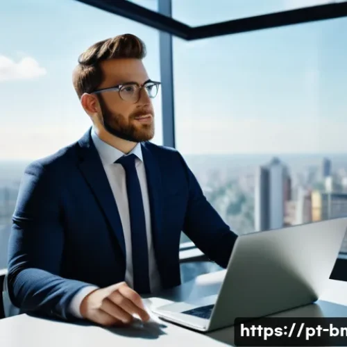Home 7 브랜드 마케터 자기소개서 작성법 - A professional marketing specialist in a modern office environment, engaging in a dynamic presentati...